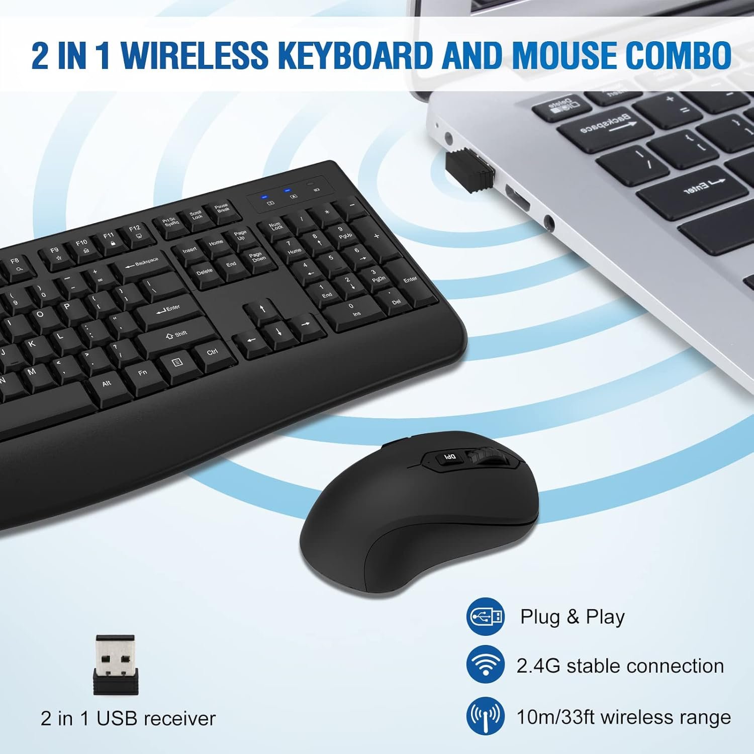 Full-Sized 2.4GHz Wireless Keyboard with Comfortable Palm Rest and Optical Wireless Mouse for Windows - Image 2
